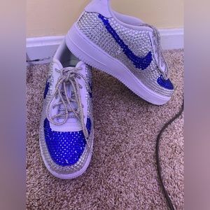 Custom made nike air forces with sliver and blue rhinestones